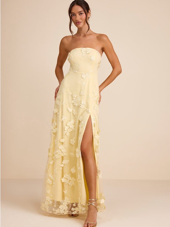Lulu's Pale Yellow Strapless Floral Appliqu Gown With Side Slit